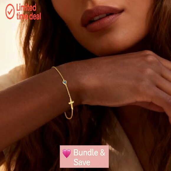 14K Gold Plated Cross Birthstone Bracelet, Adjustable, Religious Gift - Picture 7 of 8